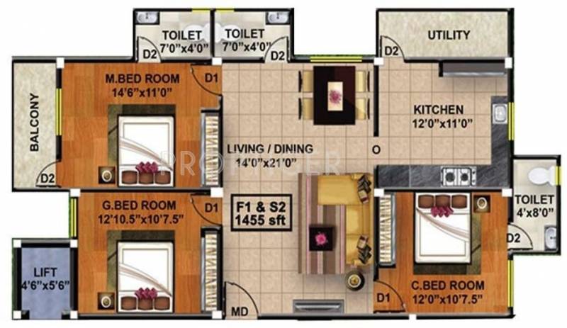 The Nest Aurora (3BHK+3T (1,445 sq ft) 1445 sq ft)