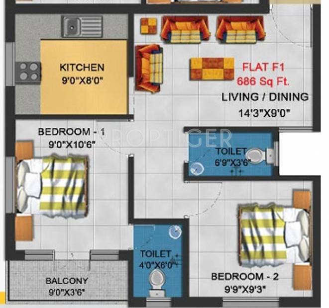 Four Dublin Square (2BHK+2T (686 sq ft) 686 sq ft)