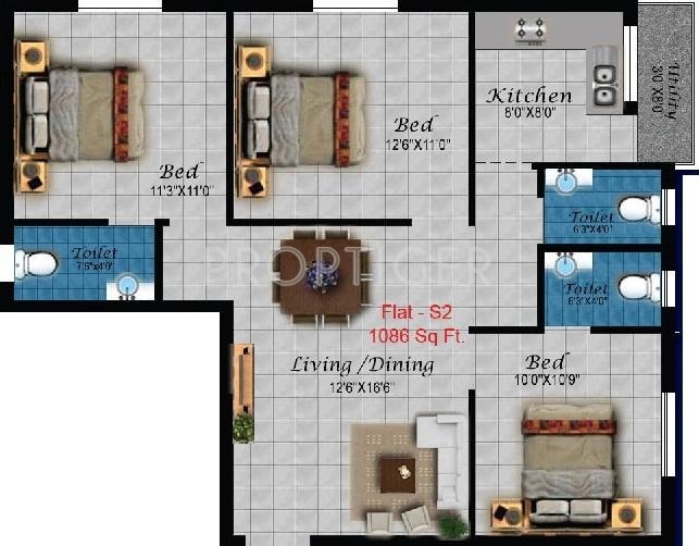 Four Perola Square (3BHK+3T (1,086 sq ft) 1086 sq ft)