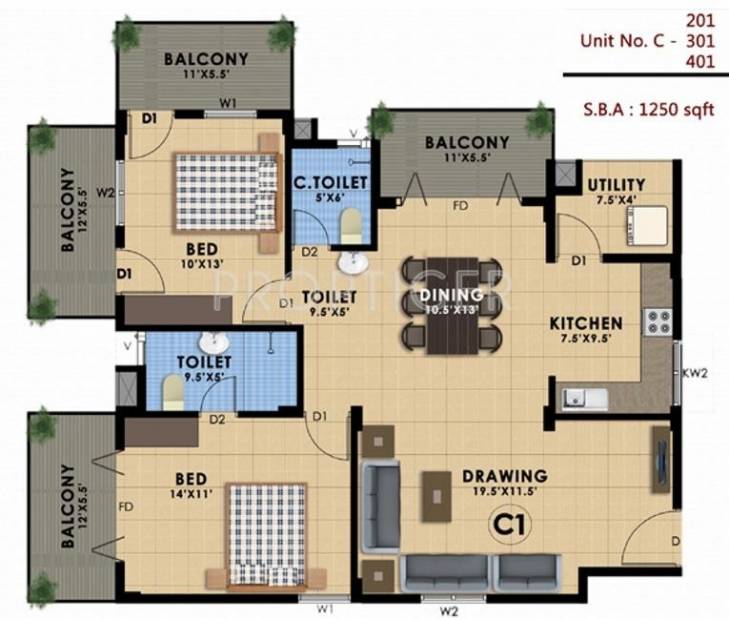 Cosmos Swara (2BHK+2T (1,250 sq ft) 1250 sq ft)