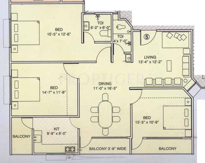 Moghal Constructions Moghal Millenium Floor Plan (3BHK+3T)