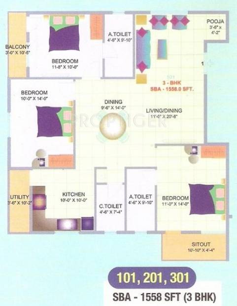 Baldota Spring Woods (3BHK+3T (1,558 sq ft)   Pooja Room 1558 sq ft)