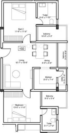 Kay Arr And Co Mahindra Serenity (2BHK+2T (1,155 sq ft) 1155 sq ft)