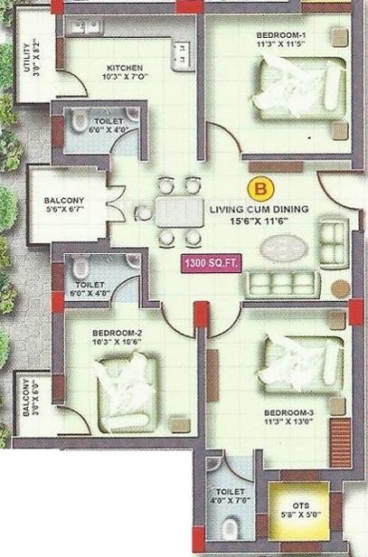 Build Malars Wind Floor (3BHK+3T (1,300 sq ft) 1300 sq ft)