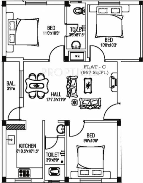 AJ AJs Anugraha (3BHK+2T (957 sq ft) 957 sq ft)
