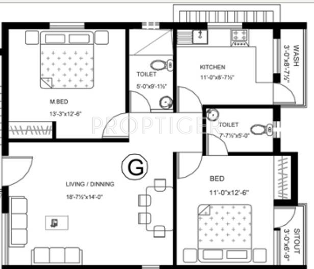 Mettupakkam Onella Floor Plan (2BHK+2T)