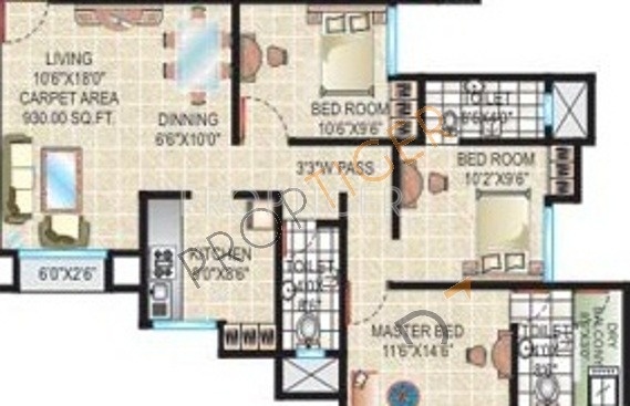Cosmos Group Sankalp Height Floor Plan (3BHK+3T)
