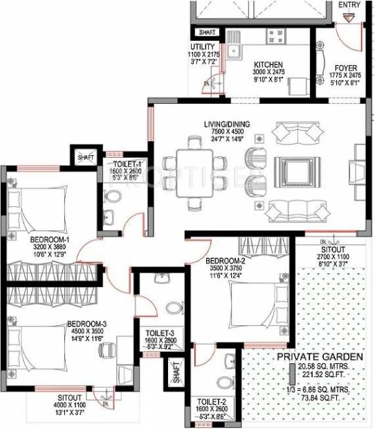 Sobha Sunbeam II (3BHK+3T (1,644 sq ft) 1644 sq ft)