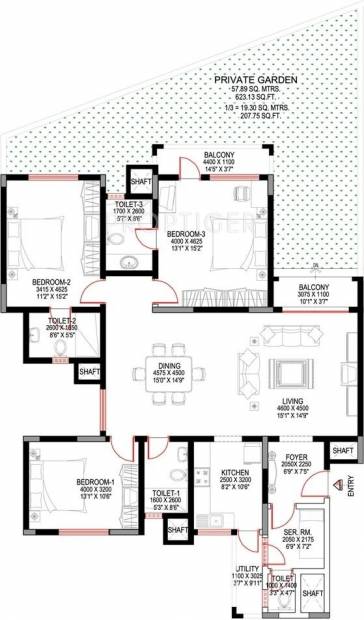 Sobha Suncrest (3BHK+4T (2,115 sq ft)   Servant Room 2115 sq ft)