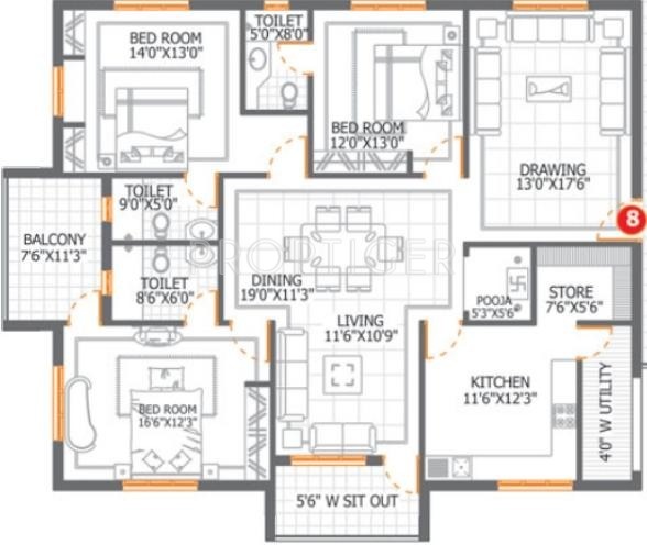 DSR Aditya DSR Lake Side (3BHK+3T (2,385 sq ft)   Pooja Room 2385 sq ft)