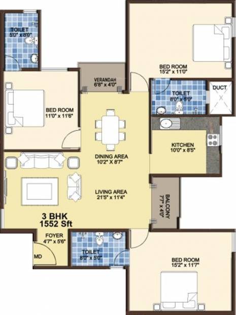 Confident Leo (3BHK+3T (1,552 sq ft) 1552 sq ft)