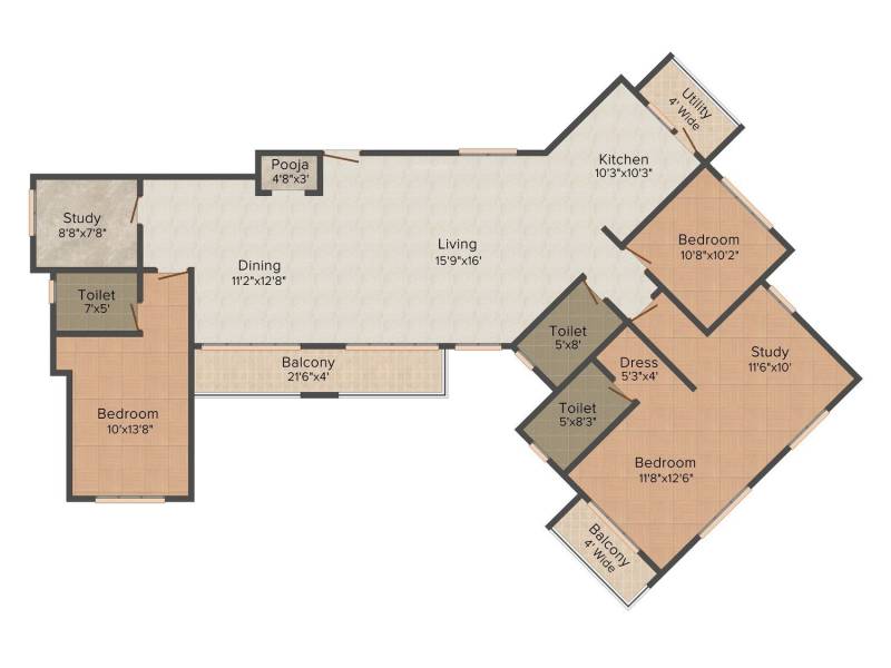 Kumar Properties Princetown 3BHK+3T (2,080 sq ft)