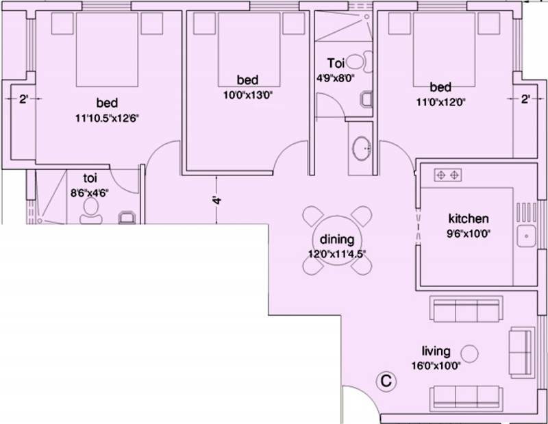 Golden Edifice Paddington Floor Plan (3BHK+2T (1,315 sq ft) 1315 sq ft)