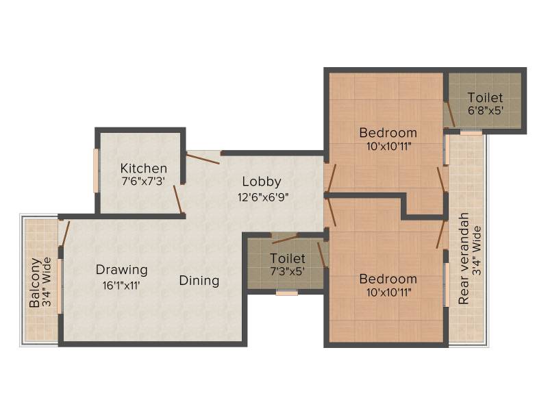 Wave Prime Floors (2BHK+2T (877 sq ft) 877 sq ft)