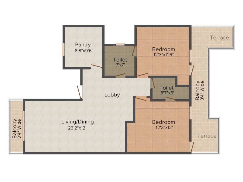 Wave Prime Floors (2BHK+2T (1,128 sq ft) 1128 sq ft)