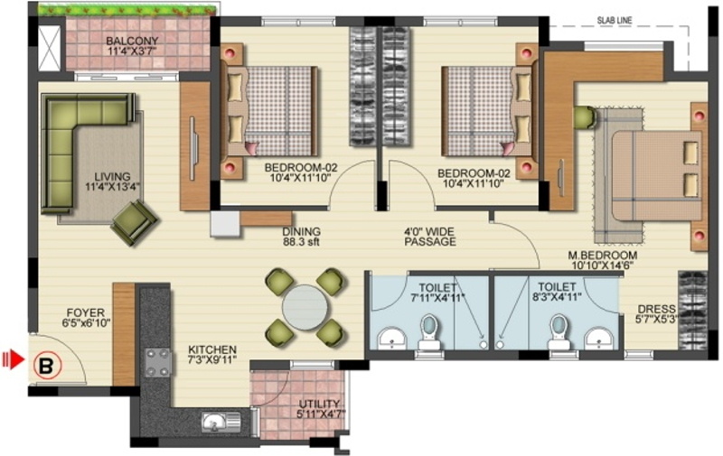Bren SJR Unity (3BHK+2T (1,251 sq ft) 1251 sq ft)