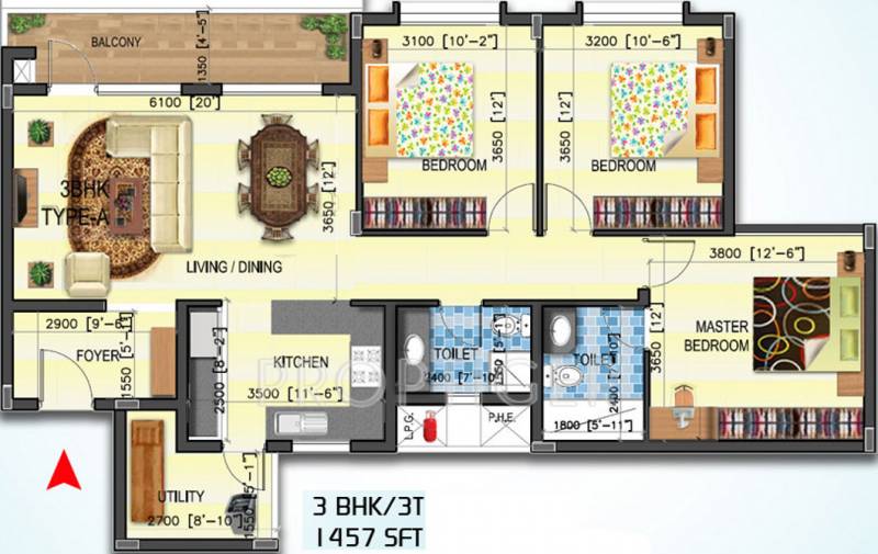 SJR Water Mark (3BHK+2T (1,457 sq ft) 1457 sq ft)