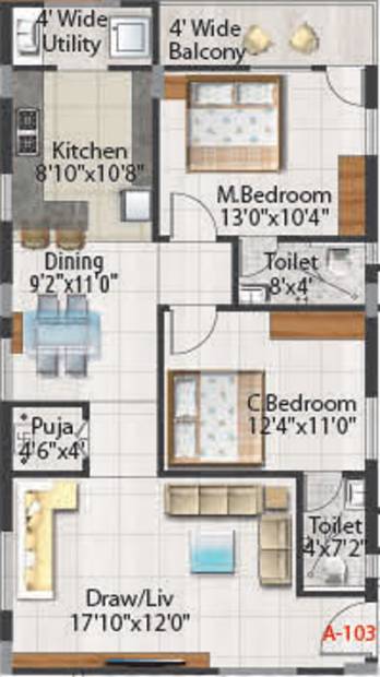 Aakruthi Aura Springs (2BHK+2T (1,205 sq ft)   Pooja Room 1205 sq ft)