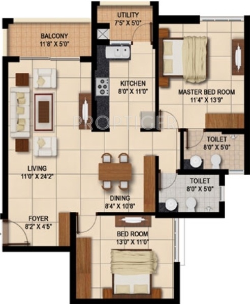 Sapthagiri Splendor Floor Plan (2BHK+2T (1,332 sq ft) 1332 sq ft)