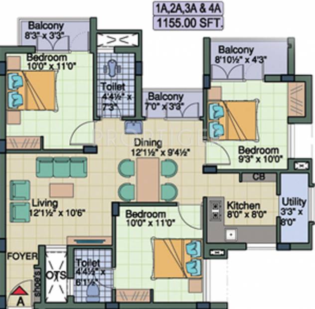 Queens Anugraha (3BHK+2T (1,155 sq ft) 1155 sq ft)