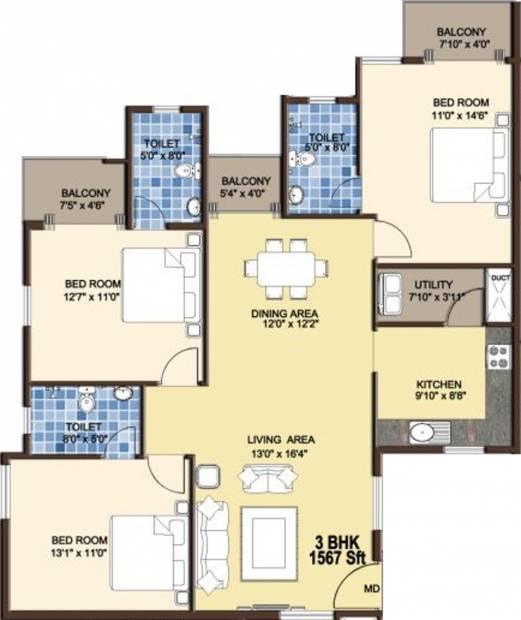 Confident Leo (3BHK+3T (1,567 sq ft) 1567 sq ft)