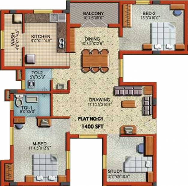 Rajparis Harmony (2BHK+2T (1,400 sq ft)   Study Room 1400 sq ft)