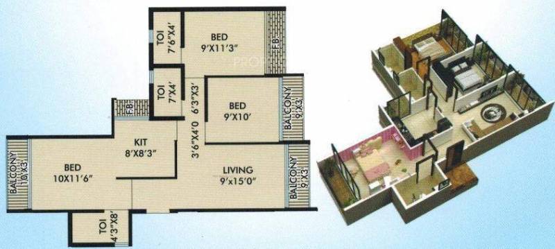 Omkar Krupa Builders and Developers The Pearl (3BHK+3T (1,180 sq ft) 1180 sq ft)