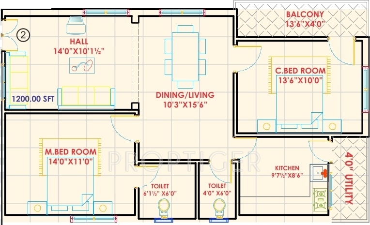 NSK Bliss Lands Floor Plan (2BHK+2T (1,200 sq ft) 1200 sq ft)