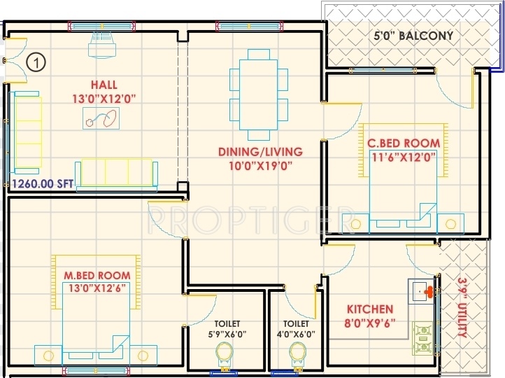 NSK Bliss Lands Floor Plan (2BHK+2T (1,260 sq ft) 1260 sq ft)