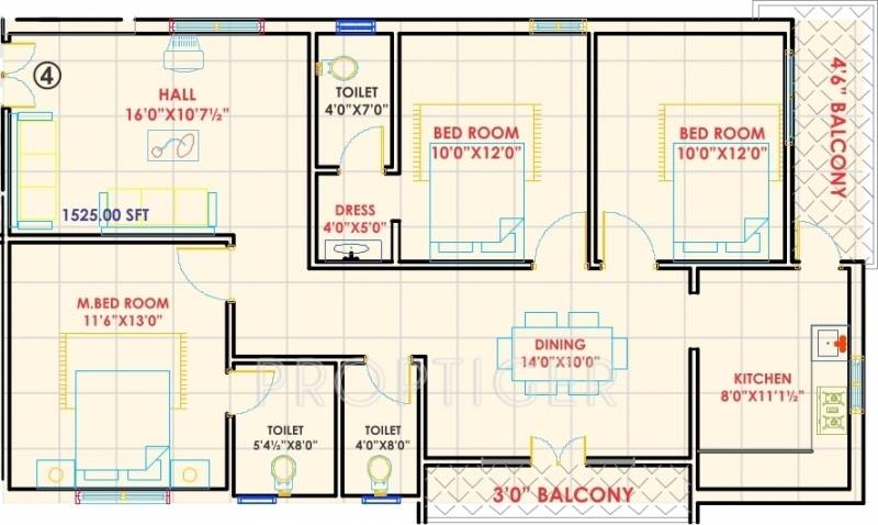 NSK Bliss Lands Floor Plan (3BHK+3T (1,525 sq ft) 1525 sq ft)