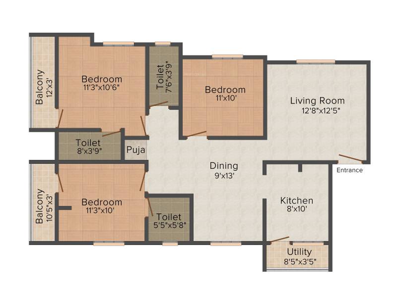 Skyline Promoters Zephyr 3BHK+3T (1,280 sq ft)