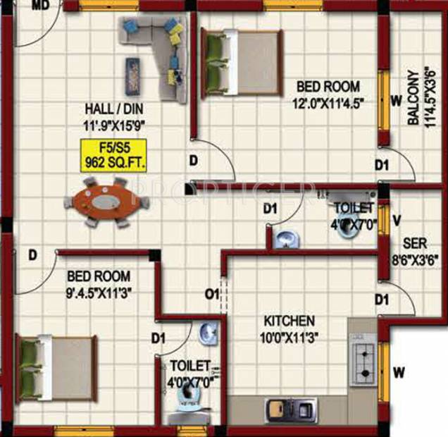 MS Foundations Samta (2BHK+2T (962 sq ft) 962 sq ft)