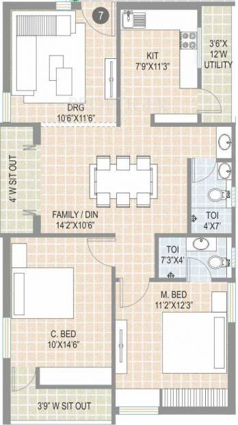 Elite Projects The Square (2BHK+2T (1,195 sq ft) 1195 sq ft)
