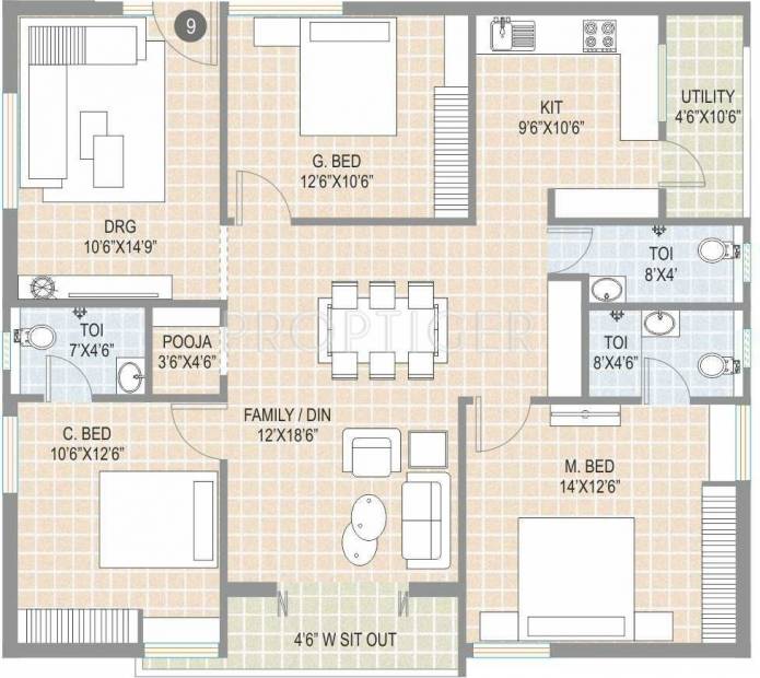 Elite Projects The Square (3BHK+3T (1,677 sq ft)   Pooja Room 1677 sq ft)