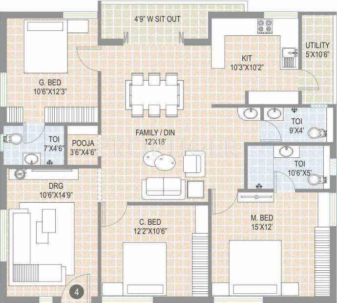 Elite Projects The Square (3BHK+3T (1,782 sq ft)   Pooja Room 1782 sq ft)