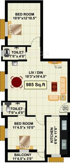 RB Bagya Enclave (2BHK+2T (985 sq ft) 985 sq ft)