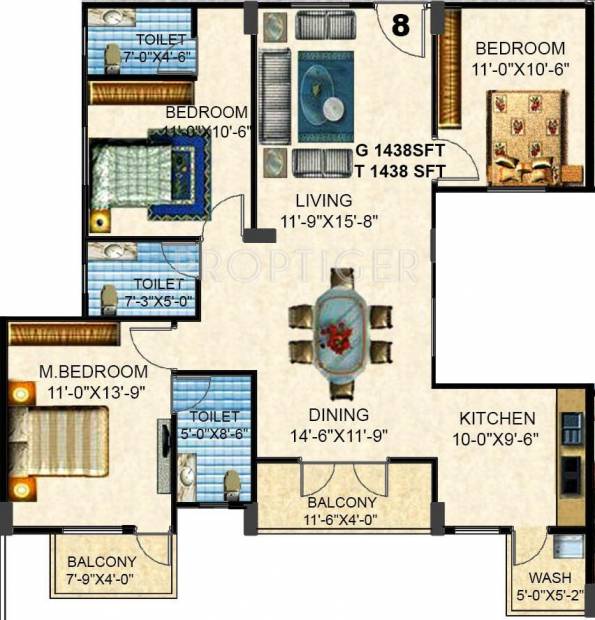 Sriven Luminous Amaltas (3BHK+3T (1,438 sq ft) 1438 sq ft)