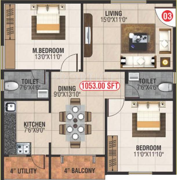 Abhee Daffodils (2BHK+2T (1,053 sq ft) 1053 sq ft)