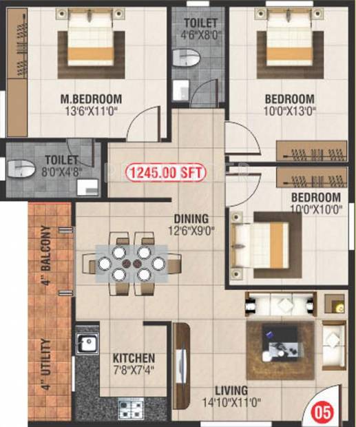 Abhee Daffodils (3BHK+3T (1,245 sq ft) 1245 sq ft)
