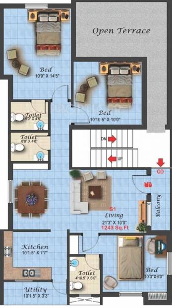 Vesta Aashirvadh (3BHK+3T (1,243 sq ft) 1243 sq ft)