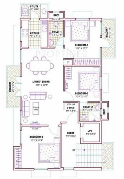 Ramaniyam Surya Floor Plan (3BHK+3T)