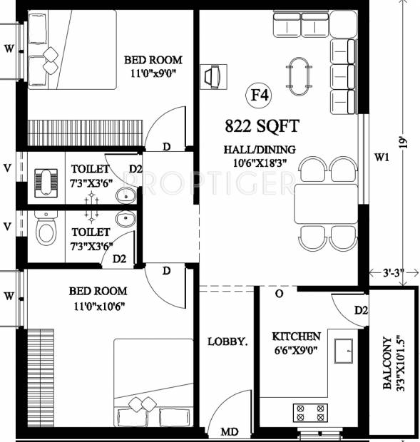 Ganga Anandam (2BHK+2T (822 sq ft) 822 sq ft)