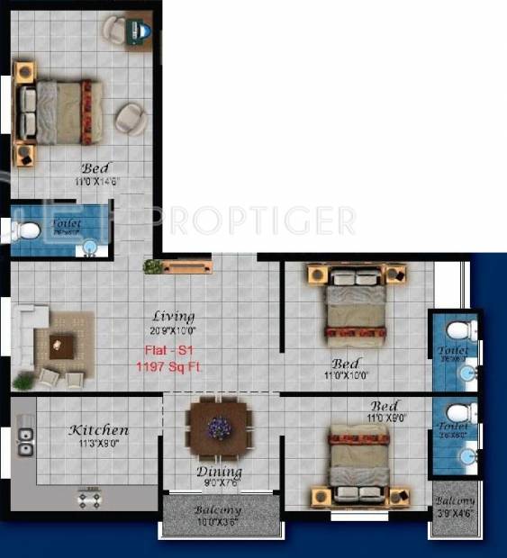 Four Perola Square (3BHK+3T (1,197 sq ft) 1197 sq ft)