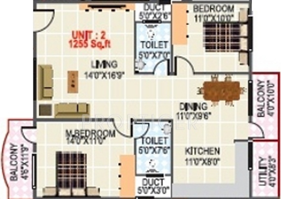 KV Pristine (2BHK+2T (1,255 sq ft) 1255 sq ft)