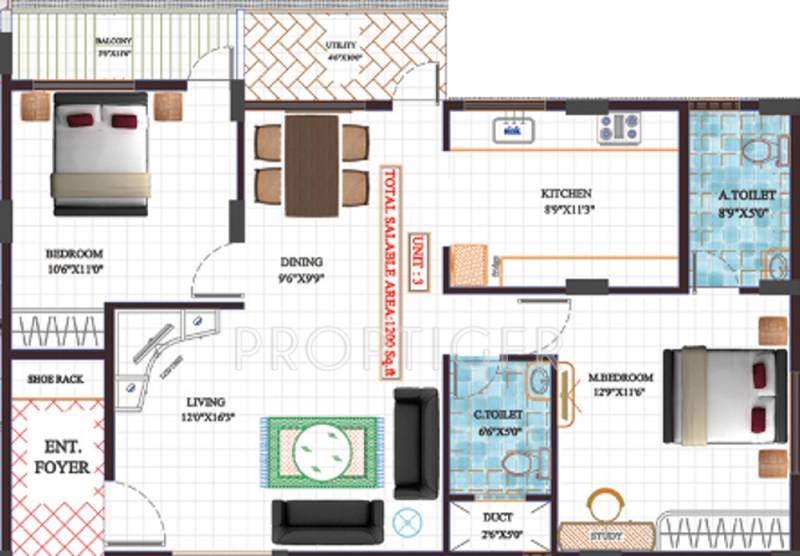 Unitech Akshaya (2BHK+2T (1,200 sq ft) 1200 sq ft)