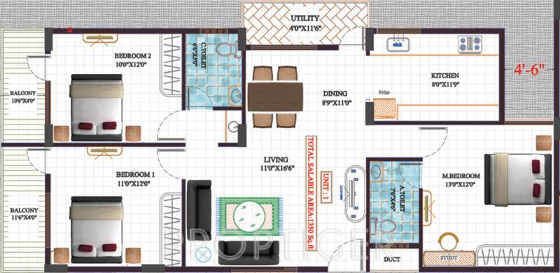 Unitech Akshaya (3BHK+2T (1,350 sq ft) 1350 sq ft)