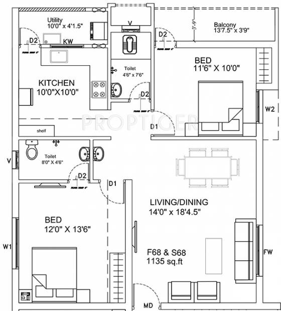 Ruby Regency (2BHK+2T (1,135 sq ft) 1135 sq ft)