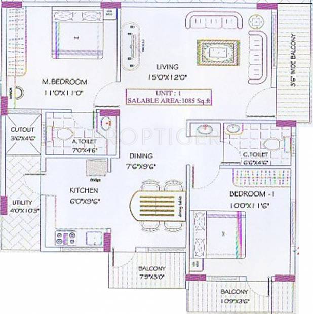 Unitech Yashodha Tranquil (2BHK+2T (1,085 sq ft) 1085 sq ft)