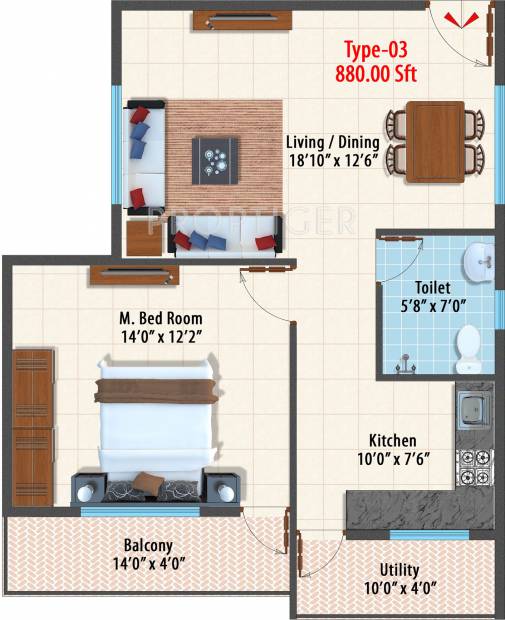 Dhiraan Ferns Bluebells (1BHK+1T (880 sq ft) 880 sq ft)