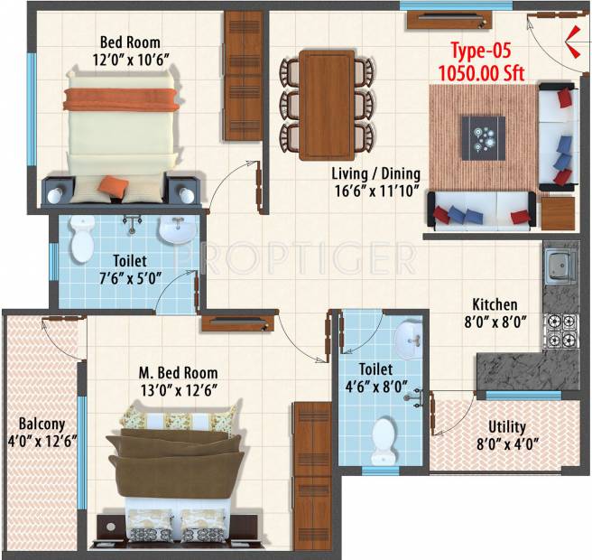 Dhiraan Ferns Bluebells (2BHK+2T (1,050 sq ft) 1050 sq ft)